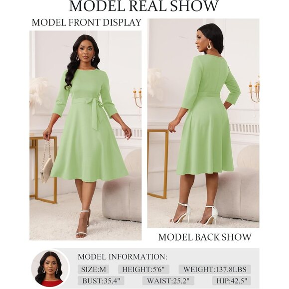 Women's light Green3/4 Sleeve Vintage Flattering A-line Vintage Cocktail Dresses - Picture 3 of 5